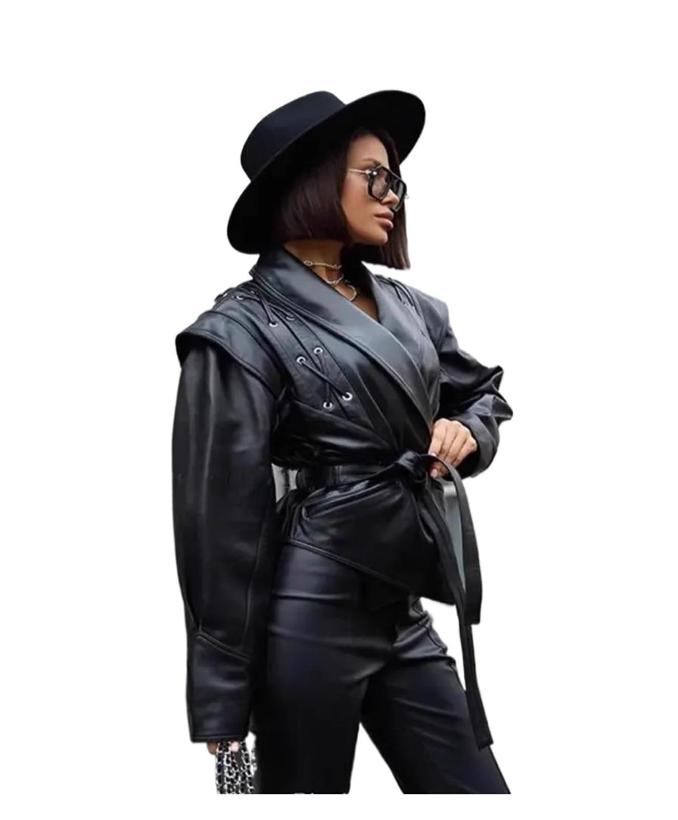 Chaqueta Cuero Mujer Faux Black Jacket Coat With Belt Lapel Women's Outwear Para salir
