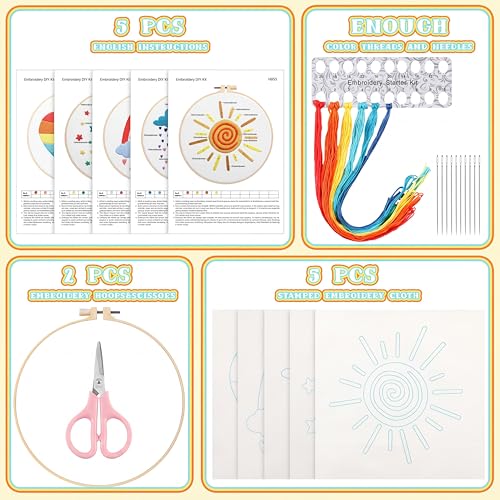 Image of Yinder 5 Set Starter Embroidery Kit for Beginners Boho Cross Stitch with Patterns Embroidery Hoops Instructions Floss Punch Needlepoint Kits Crafts DIY Adult Beginner Cross Stitch(Rainbow)