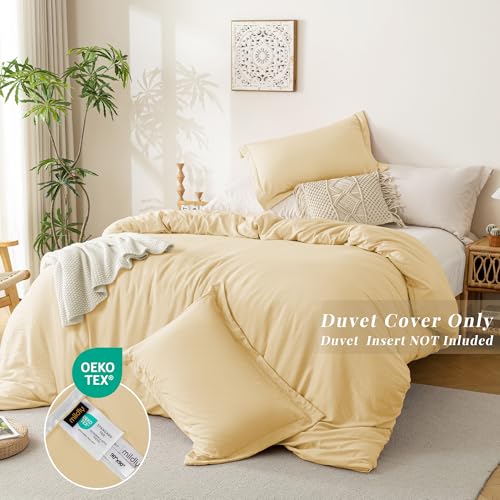 Image of MILDLY Duvet Cover Full Ultra Soft Comforter Cover Set 3pcs, Butter Yellow | Washed Microfiber Cotton-Like, Breathable Comfort, Hidden Zipper, 8 Corner Ties, OEKO-TEX Certified, Fade Resistant
