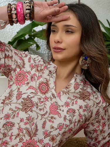 Image of EthnicJunction Women's Linen Floral Print Summer Wear Straight Short Kurti With farshi Salwar Set | Kurta Pant Set | Office wear Kurta Set | farsi salwar suit | raksha bandhan gift dress for women