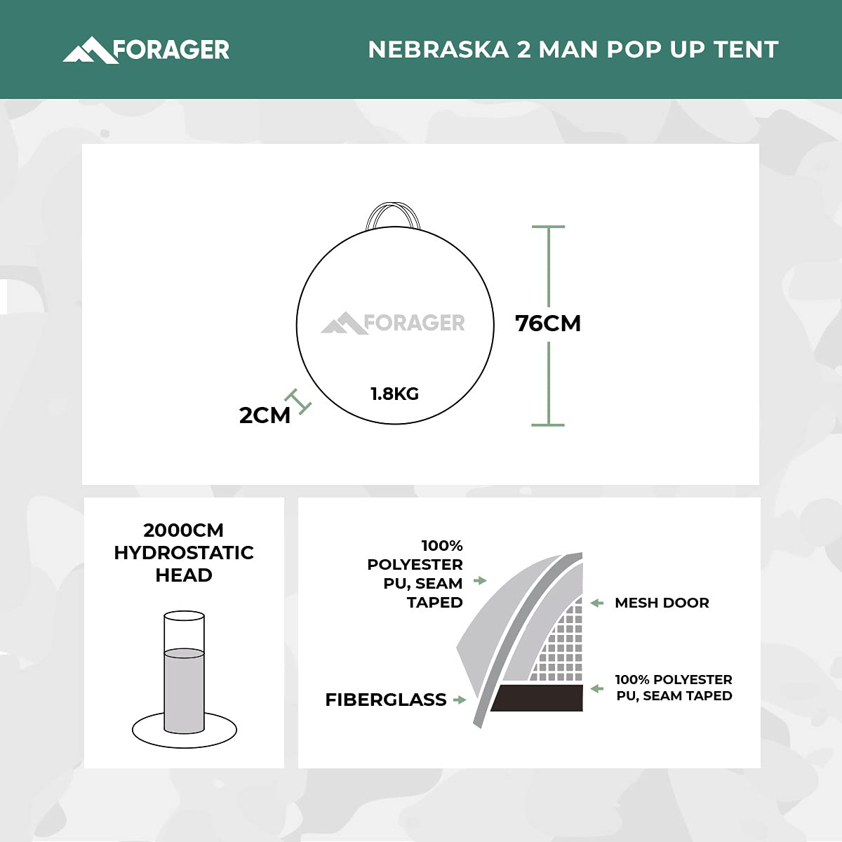 FORAGER Nebraska namiot samorozkładający się - 2-osobowy namiot kempingowy | idealny do użytku w ogrodzie, na festiwale, wędrówki z plecakiem i wakacje | przenośne namioty na kemping | wodoodporny i wytrzymały namiot