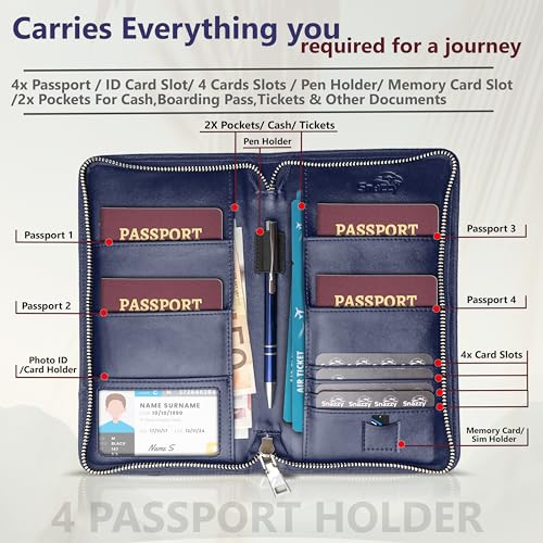 Family 4 Passport Holder - Travel Wallet RFID Blocking, Document Organizer, Essentials Plane Accessory Cover for Women Men (Blue)2
