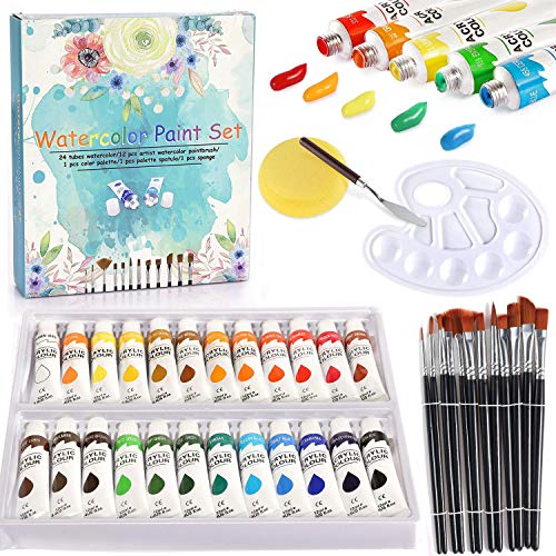 Watercolor Paint Set with Brushes - 24 Premium Watercolors + 12 Artist Paint Brushes, Watercolor Tubes Painting Set for Kids Students Beginners Professional Artists, Great for Watercolor and Acrylic
