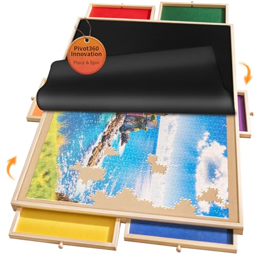 1500 Piece Rotating Puzzle Board Pro, 34' x 25' with 6 Drawers, Rubber Cover Mat, 360° Lasy Susan, Sort-Wise Colorful Felt Drawers & 4 Trays, Wooden Jigsaw Puzzle Table, Birthday Gifts for Mom