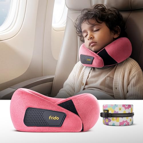 Image of Frido Kids Memory Foam Travel Neck Pillow with Travel Pouch | 360 Chin & Neck Support for Comfortable Sleep | Adjustable Velcro Straps | Ideal for Car, Flight & Road Trips | Pink