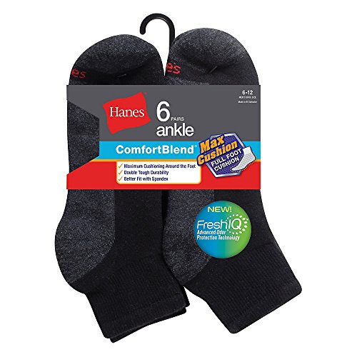 Hanes Men's ComfortBlend Max Cushion Ankle Sock 6-Pack_Black_6-12