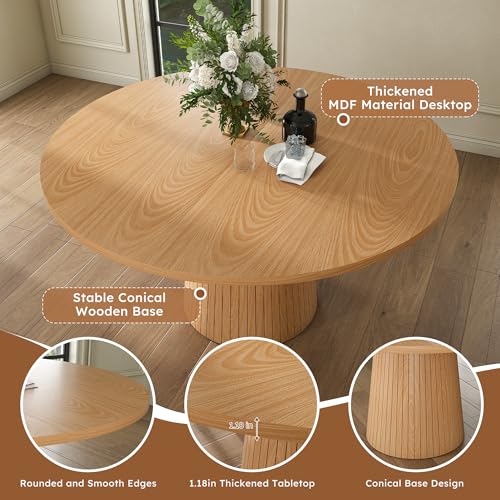 Image of Modern Round Dining Table, 47 inch Round Kitchen Table with Oak Wood Grain Tabletop & Fluted Strip Base, Space Saving Circle Dining Table Seats 4-6, Ideal for Dining Room, Living Room, Small Space
