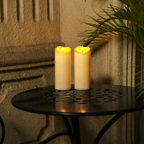 Image of Homemory 3 inchx8 inch Outdoor Waterproof Flameless Candles, LED Candles, Battery Operated Candles with Remote and Timers, Electric Fake Plastic Pillar Candles, Dark Ivory, Set of 2