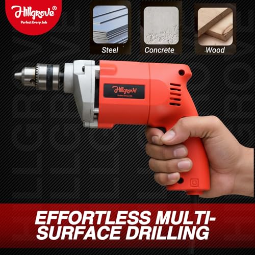 Image of Hillgrove HGCM524M1 With All Purpose 10mm Drill Machine with 5Pcs HSS Drill Bits for Making Holes in Metal /Wood /Concrete Pistol Grip Drill