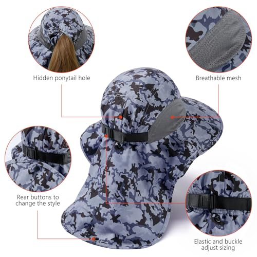 Image of BASSDASH UPF 50+ Unisex Water Resistant Wide Brim Sun Hat with Large Neck Flap Ponytail Fishing Hat for Men Women