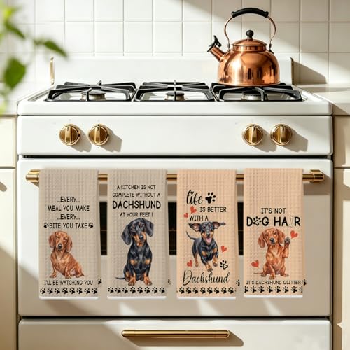 Image of 4 Pcs Funny Dachshund Kitchen Towels 24x14 Inch, Dachshund Gifts Reusable Dish Towels for Kitchen Bathroom Decor, Waffle Weave Absorbent Tea Towel, Cute Weiner Dog Gifts for Women Mom Friend