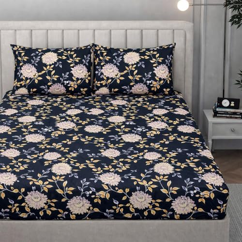 Image of 350 TC Premium Heavy Cotton Feel Elastic Fitted Bedsheet Queen Size with 2 Pillow Covers || Double Bed with All Around Elastic (Black Flower, Fitted - 72 inchx78 inch King)