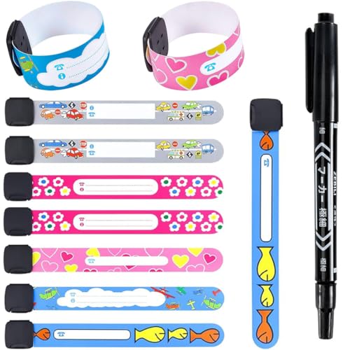 Pulsera Identificativa +Marcador, 10 Piezas Pulsera Seguridad Anti perdida, Emergencia, Impermeable Reutilizable para Niños Bebé