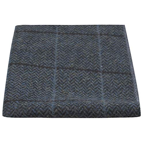 Luxury Aegean Blue Herringbone Check Pocket Square, Handkerchief, Tweed