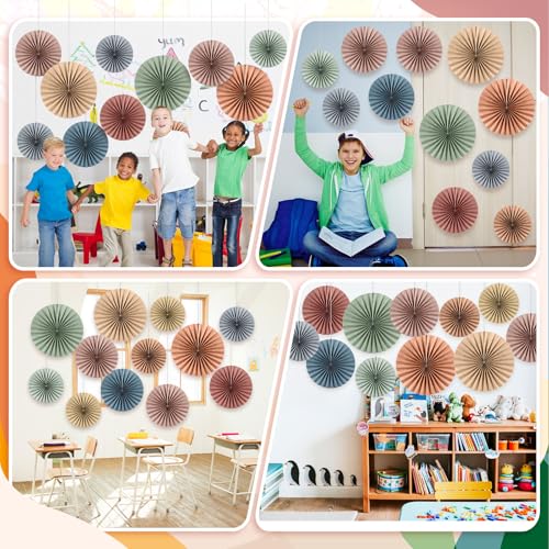 Image of 18 Pcs Sage Green Brown Boho Hanging Paper Fans Decor Back to School Paper Fans Round Garlands Bulletin Board Classroom Decorations for Party Supplies Classroom Decor
