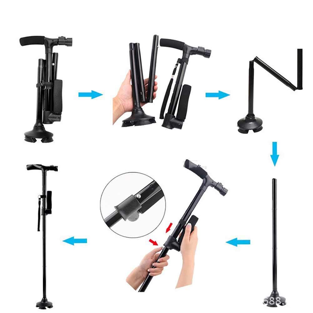 Bastón Plegable con luz LED, Cuatro pies Antideslizantes, Peso Ligero, fácil de almacenar con muletas de Mango ergonómico de Madera Interesting