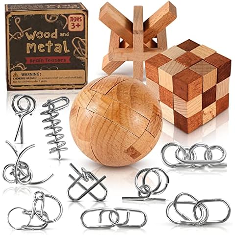 Metal and Wooden Brain Teaser Puzzles Set 12 Pcs for Kids Teens and Adults, Mind Puzzle Games for IQ Test, Chinese Wire Unlock Logic Toys for Classroom Prizes, Easter Gifts Basket Stuffers Set 2 Cover
