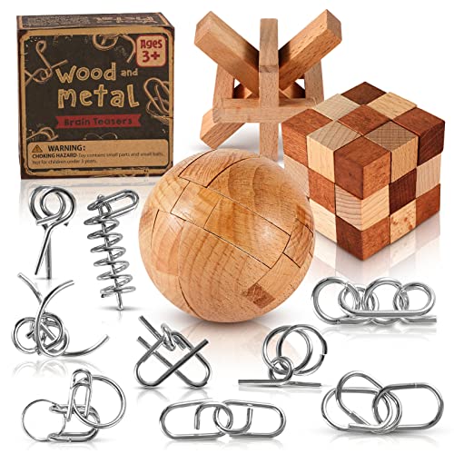 Metal and Wooden Brain Teaser Puzzles Set 12 Pcs for