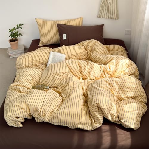 Image of Striped Duvet Cover Full Size Brown Stripes Yellow Bedding Set 3pcs Retro Vertical Ticking Stripes Soft Lightweight Microfiber Comforter Cover Set with Zipper Closure and 2 Pillowcases
