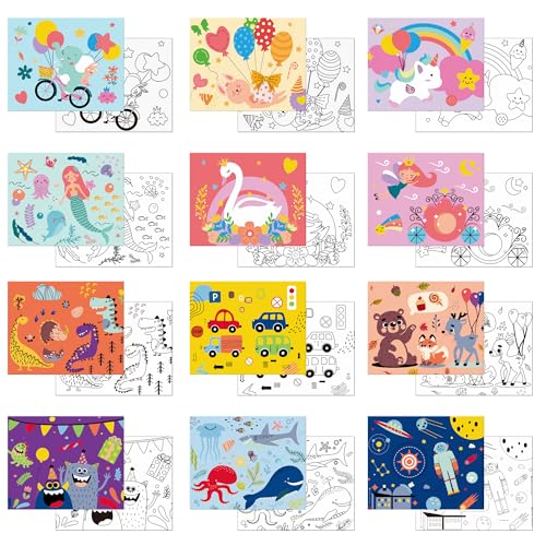 AUREUO 12 Pc Pre Drawn Canvas for Kids - 8x10 Inch Preprinted Canvas Boards for Painting with Design - Stenciled Canvas Panels for Oil Acrylic Tempera Paints