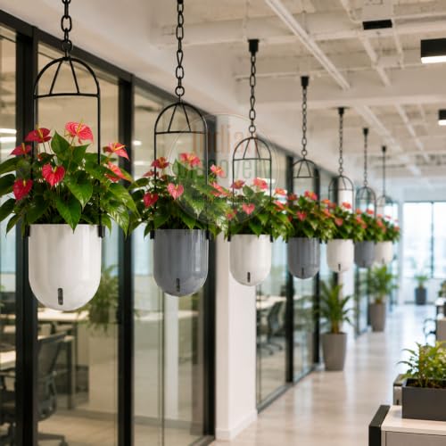 Image of Indian Discovery Self Watering Ceiling Hanging Planter|Hanging /Hooked Flower Pots for Home, Balcony, Vertical Garden Decor Flower Pots(2 PC,Grey,Sphere)|6 Inch UV-Resistant Plastic Plant Pots