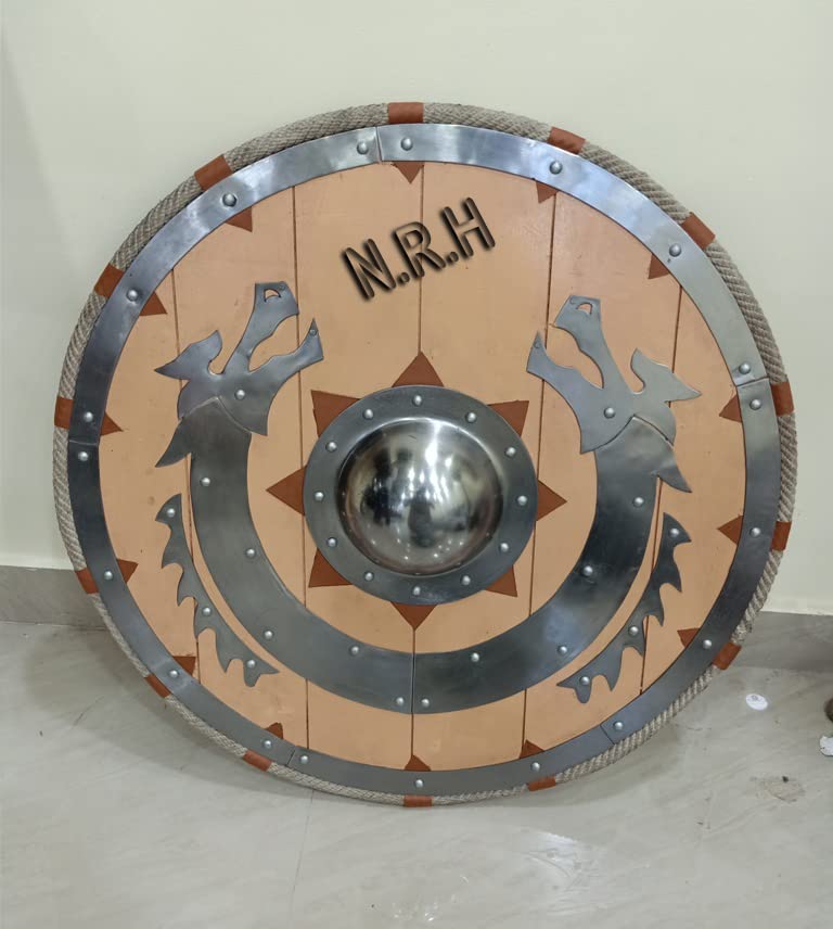 Nautical Replica Hub Viking Wooden Dragon Armor Round Shield Warrior Protector Role Play Shield (24 INCH, Light Brown & Nikil Finish)