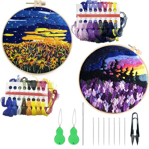 Image of Allazone 2 Sets Embroidery Kit for Beginners, Stitch Practice Kits for Craft Lover Hand Stitch with Embroidery Fabric with Stamped Pattern, Starter Stitch Kits Suitable for Adults (Sunset)