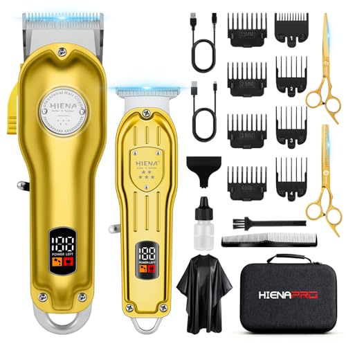 HIENA PRO Juego de cortadora de pelo profesional para hombres, kit inalámbrico de recortadora de peluquería, máquina de corte de pelo recargable con pantalla