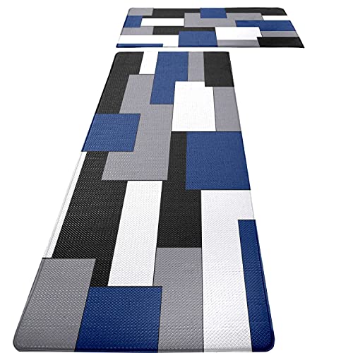 Blue Black Grey White Kitchen Rugs and Mats Set of 2 Modern Abstract Art Cushioned Anti Fatigue Kitchen Rugs Set Geometric Non-Skid Washable Kitchen Mats for Kitchen Sink Laundry 17.5'x29.5'+17.5'x47'