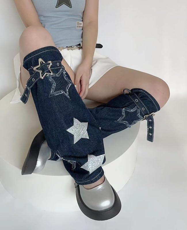 Image of Hopecn Girls Leg Warmers Y2K Skull&Star Print Two Side Wear Knitted Goth Leg Warmer 80s Loose Kawaii Streetwear Socks.
