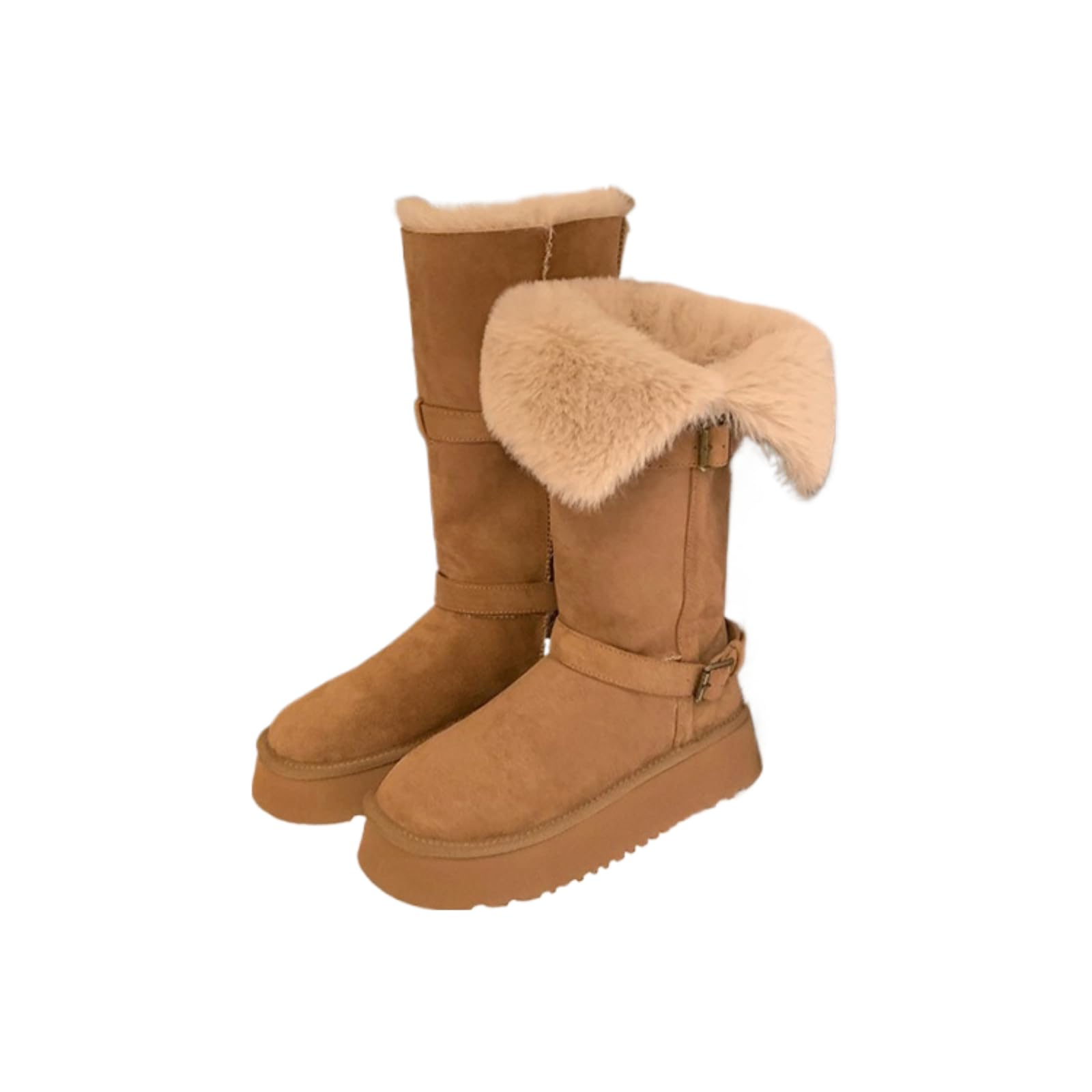 Womens Mid-Calf Snow Boots with Faux Fur Trim 3-5CM Platform Buckle Strap Warm Winter Footwear for Daily Commute