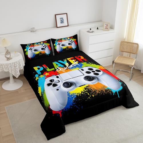 Image of Gamer Comforter Sets for Boys Kids Gaming Comforter King Size Teens Girls Colorful Rainbow Tie Dye Decor Video Games Controller Bedding Set Young Men Player Reversible Quilt for All Season 3Pcs Boys