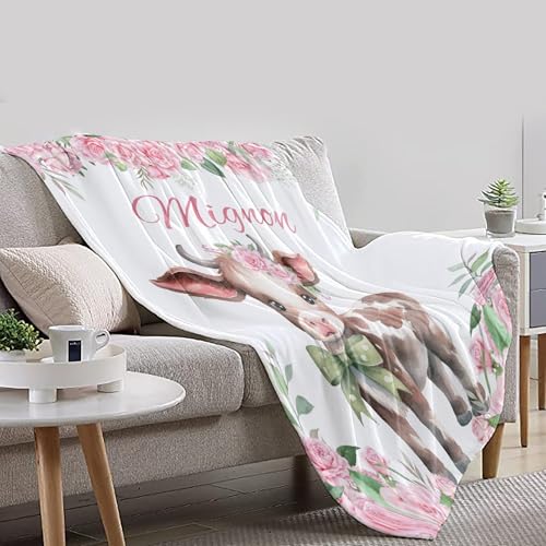 Image of Personalized Highland Cow Name Blanket, Customized Cow Gifts for Girls,Highland Cows Decoration, Animal Floral Print Stuff Item,40 inchx50 inch for Kids