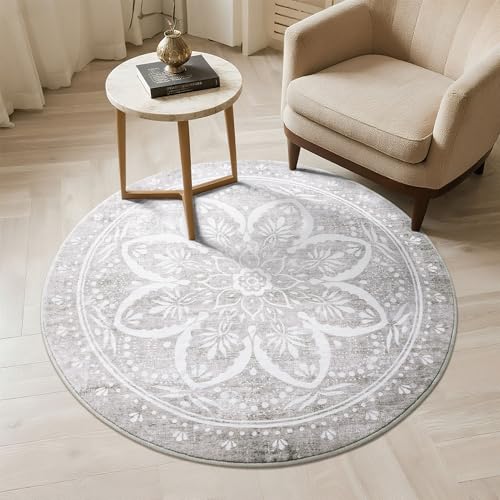 Image of Carvapet Vintage Round Rugs 48 inch - Washable Non Slip Rubber Backing Foldable Low Pile for Living Room Bedroom, 4ft Grey Circle Rug