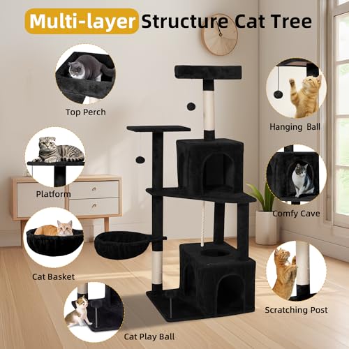 Image of 54inch Large Cat Tree Tower Condo with Hammock for Indoor Cats, Soft Plush Multi-Level Climbing Tree Cat House with Cat Cave, Scratching Post, Sisal Rope, Black
