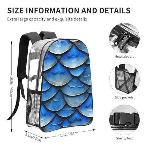 blue fish scale Print Work Travel Stadium Events Transparent Backpack PVC Clear Bag Large Side Pockets4