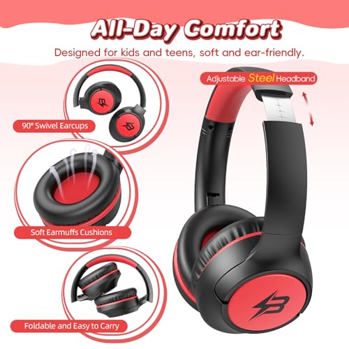 Image of Kids Bluetooth Headphones with 85H Playtime Without LED, Safe Volume 85 /94dB Wireless Headphones for Kids, Bluetooth 5.4 Over-Ear Toddler Headset for Boys Tablet /Airplane / School (Atrous & Red No LED)