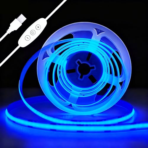 Ruban LED COB Bleu 2M, USB 5V Bande LED Dimmable CRI93+ 640LEDs, Autocollant Bandeau Lumineuse Découpable Flexible pour Interieur TV Rétroéclairage Armoire Chambre Escalier Cuisine Extérieur Déco