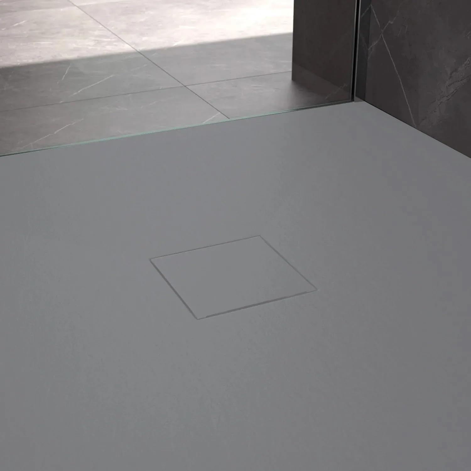 VBChome Plato de ducha, 100 x 80 x 2,5 cm, gris estructura de piedra, plato de ducha extraplano, rectangular, desagüe de desagüe SMC, compuesto SMC, instalación universal, sifón