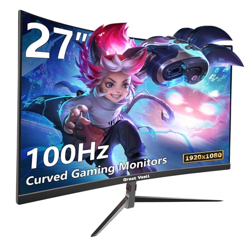 Great voell Monitor da Gaming Curvo 27 Pollici, Full HD 1080p, 1800R, 100 Hz, FreeSync, HDR10, VA, Rapporto di Contrasto 4000:1