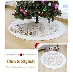 Lewondr 48 Inch Christmas Tree Skirt White Plush Gold Sequin Snowflake for Holiday Party Xmas Tree Decorations, Beige&White Lewondr 48 Inch Christmas Tree Skirt White Plush Gold Sequin Snowflake for Holiday Party Xmas Tree Decorations BeigeWhite