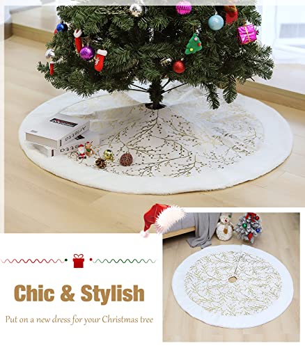 Lewondr-48-Inch-Christmas-Tree-Skirt-White-Plush-Gold-Sequin-Snowflake-for-Holiday-Party-Xmas-Tree-Decorations-BeigeWhite Lewondr 48 Inch Christmas Tree Skirt White Plush Gold Sequin Snowflake for Holiday Party Xmas Tree Decorations BeigeWhite