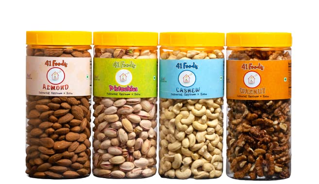 41 FOODS Premium Dry Fruits & Nuts Combo of Healthy Fresh Raw Whole Cashew Real Californian Almond Kernal Californian Roasted & Salted Pistachios Shelled Californian Walnut Giri (150Gm X 4) 600G
