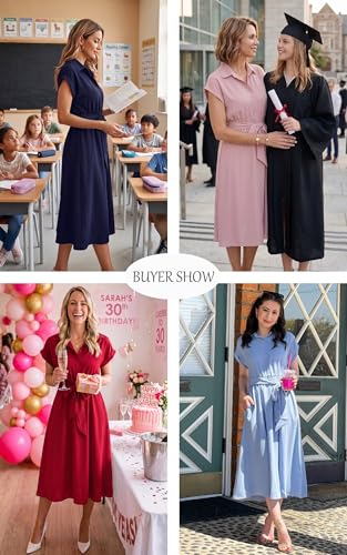 Image of ECOWISH Womens Casual Midi Dresses Solid V Neck Short Sleeve Button Shirt Belted Dress with Pockets for Spring Summer 2026