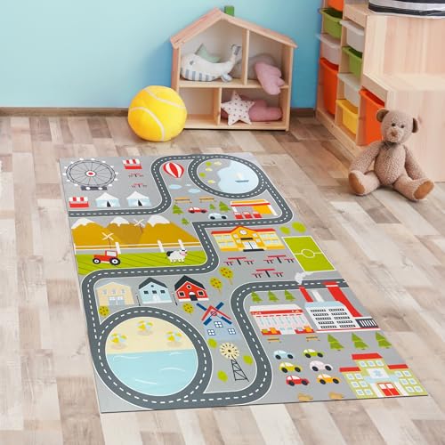 CARPETIA tappeto stanza dei bambini ragazzi ragazze giovani tappeto strada tappeto apprendimento motivo città grigio 80 x 150 cm