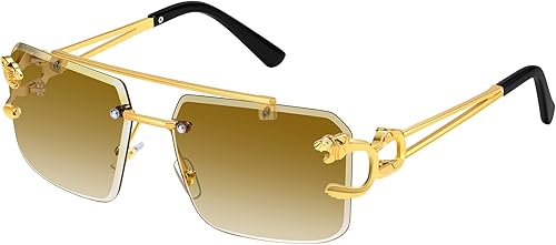 Gafas De Sol Hombre Men's Rimless Sunglasses – Square Metal Frame With Tinted Lenses, UV400 Mens Fashion Sunglasses With Tiger Detail