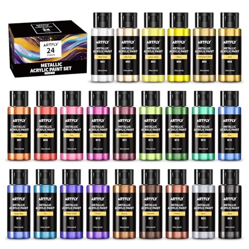 ARTFLY Pintura acrílica metalizada, 24 colores metálicos en botellas de 60 ml (2 oz), pintura acrílica brillante y metálica, ideal para artistas y principiantes, sobre lienzo, piedras, madera, tela.