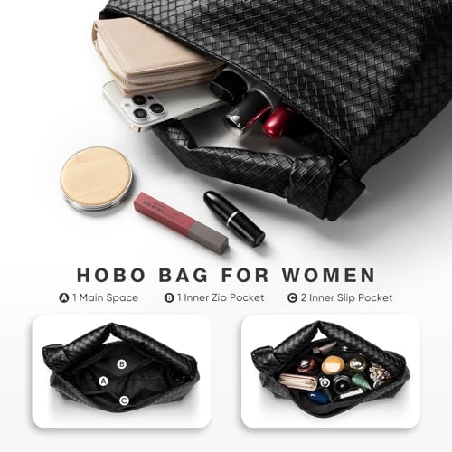 Image of Vulkitty Hobo Bags For Women, Woven Leather Shoulder Purse Fashion Designer Ladies Top-Handle Handbag Black