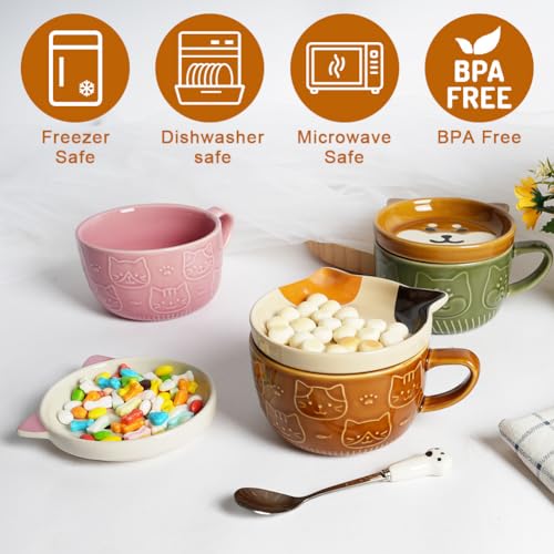 HOTUT Cute Kawaii Pink Cat Coffee Mugs with Lids, Cute Animal Coffee Tea Cup Saucer Set, Kawaii Ceramic Mugs with Biscuit Holder and Spoon, Funny Novelty Cat Breakfast Mugs for Girls Friend Kids Wife - Image 5