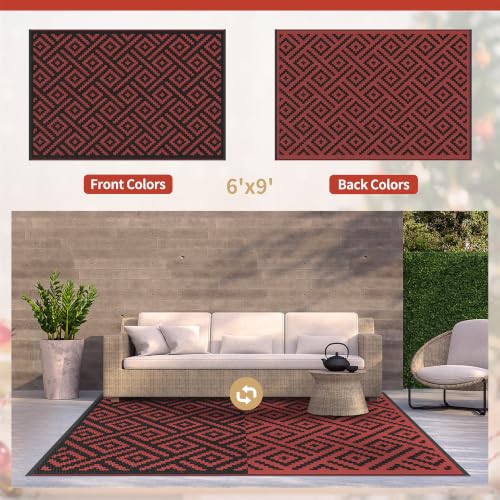 Image of GENIMO Outdoor Rug, Waterproof Plastic Rugs for Patio, 6'x9' Red Grey | Outside Larger Modern Carpet Mat for Porch Decor, Deck, Balcony, Camping, RV, Backyard, Picnic, Beach, Reversible, Foldable
